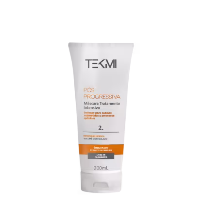 O tubo é de cor cinza e laranja, com o rótulo destacando que é a etapa 2 do tratamento, fornecendo reparação e controle do volume. O produto é apresentado em uma embalagem de 200ml.