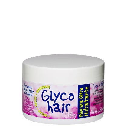 Pote branco plástico rotulado "Glyco Hair 250g" da marca Tekmi Cosméticos. O rótulo tem letras coloridas em azul e rosa. O design do rótulo é simples, mas atraente, com as palavras indicando que é um produto hidratante capilar.