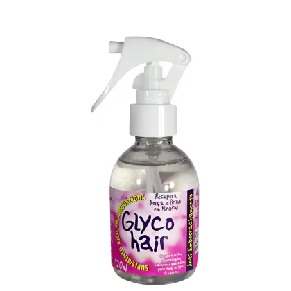 É uma embalagem plástica transparente com um líquido rosa dentro e um borrifador branco no topo. O rótulo na frente tem um fundo roxo e informa que é um produto para recuperar a força e brilho dos cabelos em minutos. O peso líquido do produto é de 120ml.