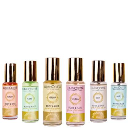 Seis unidades de perfume para cabelo e corpo, cada um contendo 15ml de conteúdo. Cada frasco é dourado, com rótulos coloridos e elegantes.