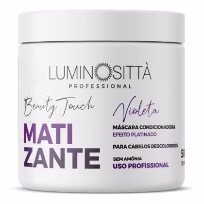 Matizante violeta da marca Luminosittà. Sua embalagem é branca, com detalhes em violeta. Também é destacado que é um uso profissional e que não contém amônia em sua fórmula.