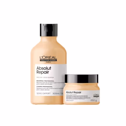 A imagem mostra o kit com um frasco cilíndrico de shampoo e um pote redondo de máscara capilar. Ambos são da linha Expert Absolut Repair Gold Quinoa + Protein de L'Oréal Professionnel.