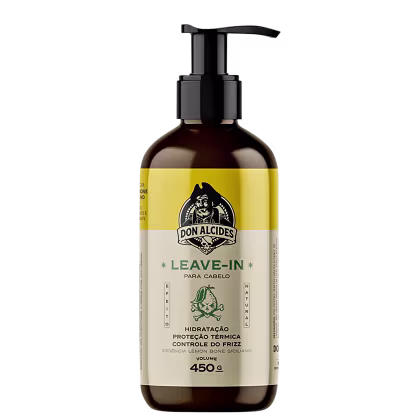 Frasco de leave-in da marca Don Alcides, com bomba dosadora preta, rótulo amarelo e verde com ilustração de caveira, informações sobre hidratação, proteção térmica e controle do frizz.