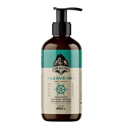 Frasco de leave-in da marca Don Alcides, com design em tons de verde e bege, contendo 450g do produto. O rótulo apresenta informações sobre as propriedades de hidratação, proteção térmica e controle do frizz.