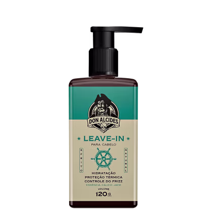 O produto é um leave-in da marca Don Alcides, em embalagem plástica com bomba dosadora, com rótulo verde e bege destacando os benefícios de hidratação, proteção térmica e controle do frizz.