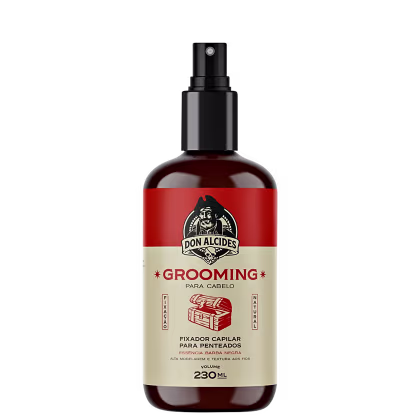 Frasco de spray de fixador capilar da marca Don Alcides, com design em vermelho e preto, rótulo com informações sobre o produto "Grooming para cabelo" e volume de 230 ml.