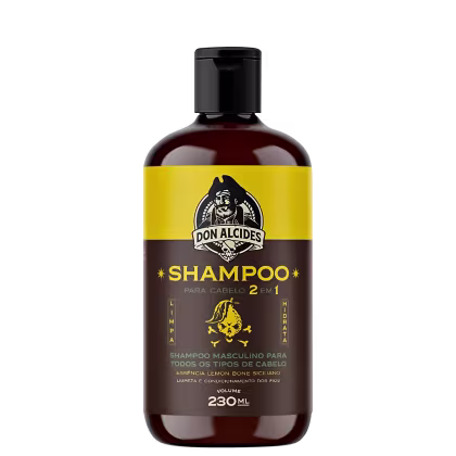 Frasco de shampoo masculino da marca Don Alcides, com 230 ml de volume. Embalagem em cores amarela e preta, com logotipo e informações sobre o produto, que é um shampoo 2 em 1 para todos os tipos de cabelo.