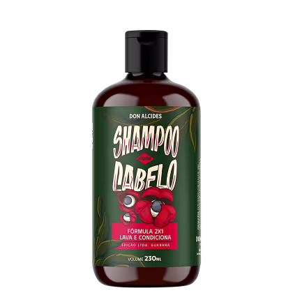 Frasco de shampoo da marca Don Alcides, com 230 ml de volume, apresentando rótulo verde com ilustração de flor vermelha e texto "Shampoo para Cabelo" em destaque.