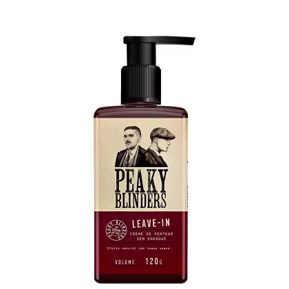 Frasco de creme de pentear da marca Peaky Blinders, com embalagem em tons de marrom e vermelho, com imagens de dois homens em estilo vintage. O produto possui volume de 120g e é descrito como um leave-in de efeito natural e toque suave.