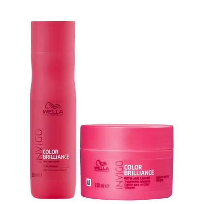 Dois produtos da linha Wella Professionals Color Brilliance, incluindo um frasco de shampoo vermelho e um pote de máscara também na cor vermelha, com o logo da marca e informações sobre o tratamento com caviar de limão.