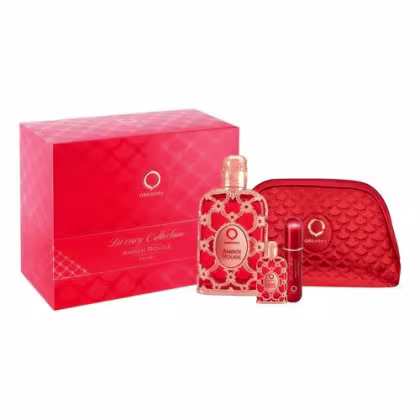 Imagem do produto Conjunto Amber Rouge Orientica Eau de Parfum + Atomizador + Travel Spray + Nécessaire
