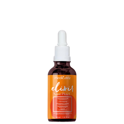 Frasco de vidro marrom com conta-gotas branco contendo o produto Elixir Nano Plus C da Medicatriz, um sérum antioxidante e antiaging com vitamina C nano e aminoácidos.