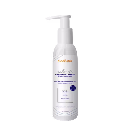Frasco branco com bomba doseadora contendo sabonete líquido Altheia da Medicatriz, com informações sobre ingredientes e benefícios na embalagem.
