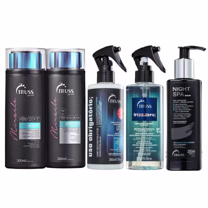 Conjunto de produtos de beleza da marca Truss, incluindo shampoo, condicionador, máscara líquida, tratamento anti-frizz e sérum para a noite, em embalagens pretas, azuis e brancas com detalhes em cores vibrantes.