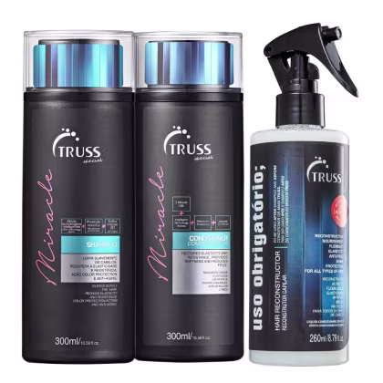 A imagem mostra três produtos da marca TRUSS, com dois frascos pretos de shampoo e condicionador da linha Miracle, com detalhes em azul e rosa claro, e do lado direito, um borrifador plástico preto com fundo azulado.