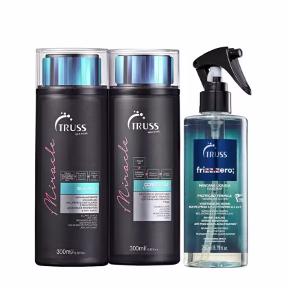 Conjunto de produtos Truss, incluindo shampoo, condicionador e máscara líquida em embalagens pretas e azuis, com detalhes em cores claras e textos indicando os benefícios e propriedades dos produtos.