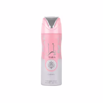 Frasco de desodorante Lattafa Yara, com embalagem rosa e cinza, contendo 200 ml de produto. Rótulo com o nome da marca e um símbolo decorativo.