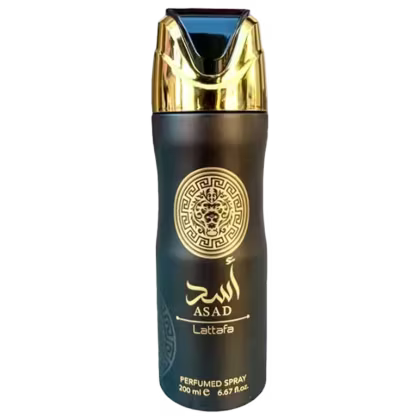 Frasco de desodorante spray Lattafa Asad, com embalagem em preto e dourado, contendo 200 ml de produto. O rótulo apresenta um design com elementos decorativos e o nome da fragrância em árabe e inglês.