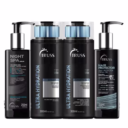 A imagem mostra uma linha de produtos para cabelos da marca Truss. São apresentados quatro itens diferentes:

1. Shampoo Ultra Hidratação
2. Condicionador Ultra Hidratação
3. Leave-in Hair Protector
4. Sérum Noturno Night Spa