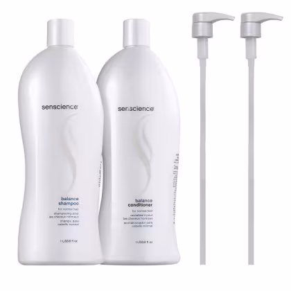 A imagem mostra shampoo e condicionador Senscience Balance de 1 litro cada. Ao lado duas vávulas pump.