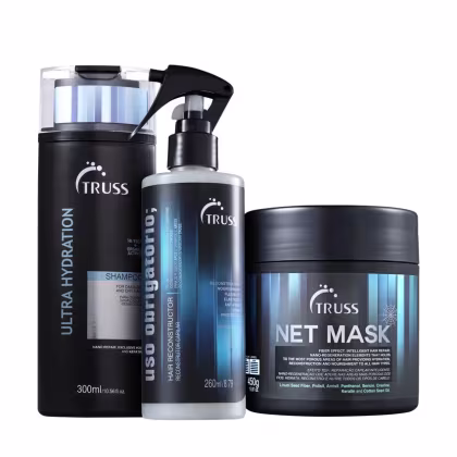 Kit com 3 produtos de TRUSS. Um frasco grande de shampoo, um frasco de uso obrigatório spray e um pote redondo de máscara capilar.