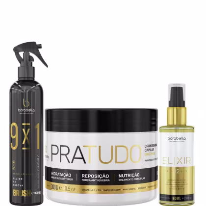 Produtos da marca Borabella: Fluido de Escova Brush 9x1 300ml + Máscara Pratudo 300g + Óleo Capilar Elixir 60ml