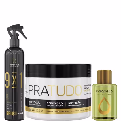 Kit com leave-in 9x1 Brush, máscara capilar Pra Tudo e reparador de pontas Argan e Macadâmia, da marca Borabella.