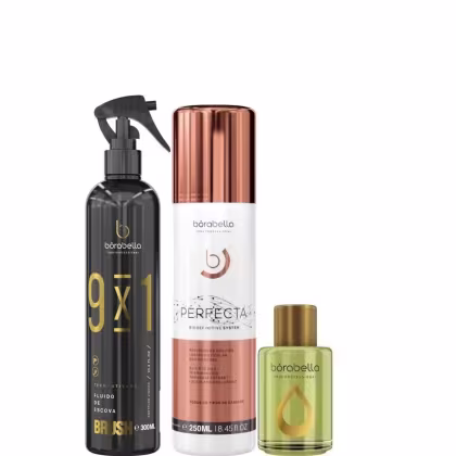 Kit com progressiva Perfecta, leave-in 9x1 Brush e reparador de pontas Argan e Macadâmia, da marca Borabella.
