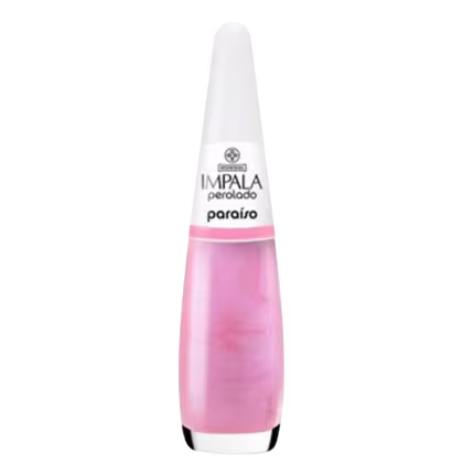 Frasco de esmalte da marca Impala na cor rosa, com rótulo branco contendo o nome "Impala perolado" e "paraíso" em letras pretas.