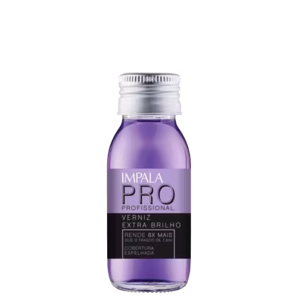 Frasco de verniz extra brilho da linha Impala Pro Profissional, com tampa prateada. Rótulo indica que o produto proporciona cobertura espelhada e rende 8 vezes mais que o frasco de 7,5ml.