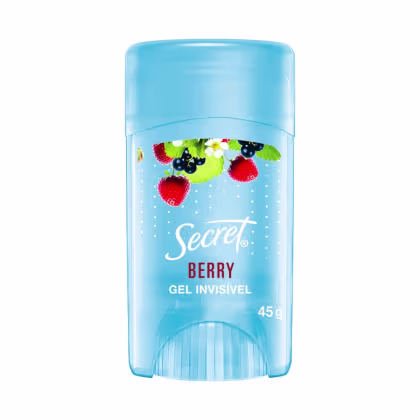 Frasco de gel desodorante invisível da marca Secret, com aroma de frutas vermelhas. Embalagem azul clara com imagem de morangos e amoras. Rótulo com o nome da marca e do produto em destaque.