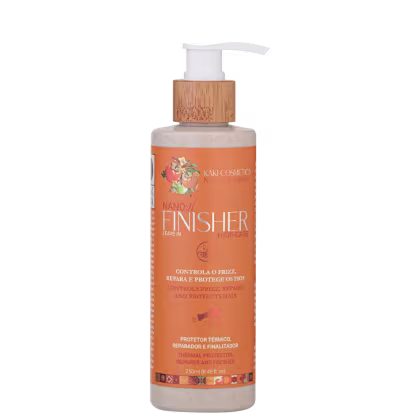 Produto para finalização e proteção dos cabelos da marca Kaki Cosmetics. Embalagem plástica transparente com bomba dosadora branca. Rótulo laranja com ilustração floral e texto em português e inglês descrevendo as funções do produto.