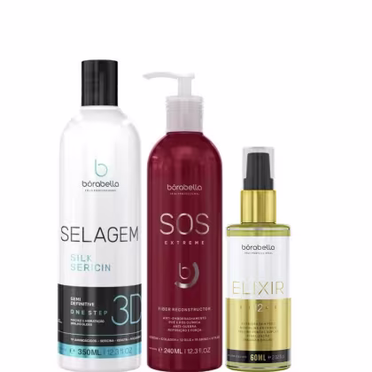 Kit com progressiva Selagem 3D, máscara capilar SOS Extreme e óleo capilar Elixir, da marca Borabella.