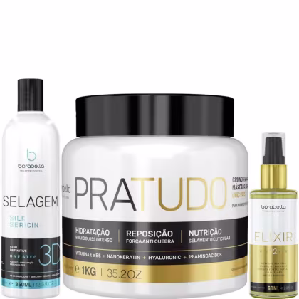 Kit com progressiva Selagem 3D, máscara capilar Pra Tudo e óleo capilar Elixir, da marca Borabella.