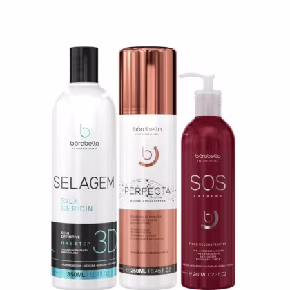 Kit com progressiva Selagem 3D, redutor de volume Perfecta e máscara SOS Extreme, da marca Borabella.
