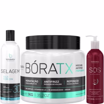 Kit com progressiva selagem 3D, máscara de realinhamento BóraTX e máscara capilar SOS Extreme, da marca Borabella.