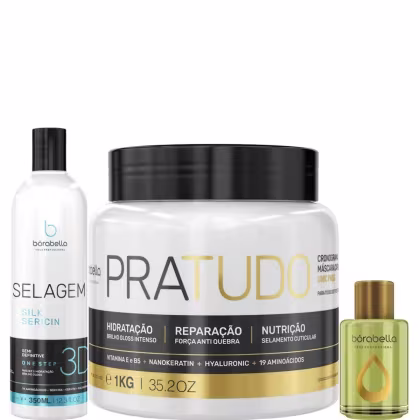 Kit com progressiva selagem 3D, máscara capilar Pra Tudo e reparador de pontas, da marca Borabella.