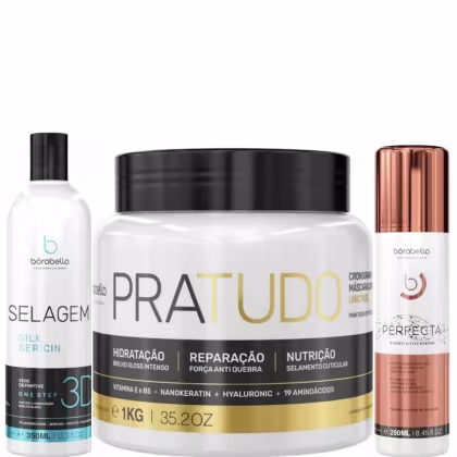 Kit com progressiva selagem 3D, máscara capilar Pra Tudo e escova progressiva Perfecta, da marca Borabella.