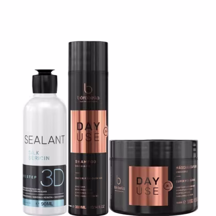 Kit com escova progressiva Selagem 3D, shampoo Day Use e máscara Day Use, da marca Borabella.