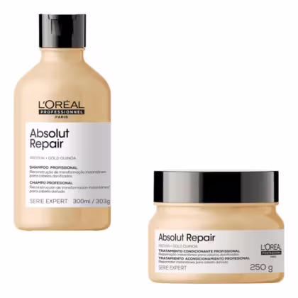Kit L'Oréal Professionnel Serie Expert Absolut Repair Gold Quinoa + Protein Instant Resurfacing com shampoo e máscara capilar.