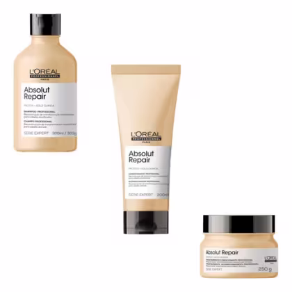 Kit com shampoo, condicionador e máscara capilar Absolut Repair da marca L'Óreal Professionnel.
