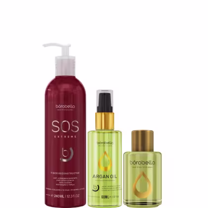 Kit com máscara de reconstrução SOS Extreme, óleo capilar Elixir e reparador de pontas, da marca Borabella.