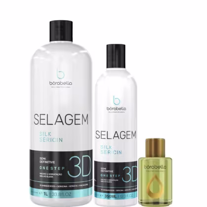 Kit com escova progressiva Selagem 3D de diferentes tamanhos, e reparador de pontas, da marca Borabella.