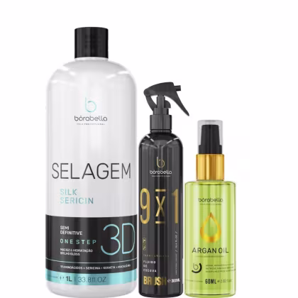 Kit com escova progressiva Selagem 3D, leave-in 9x1 Brush e reparador de pontas, da marca Borabella.