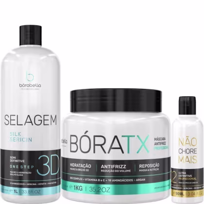 Kit com escova semidefinitiva Selagem 3D, máscara de realinhamento BoraTX e redutor de volume Não Chore Mais, da marca Borabella.