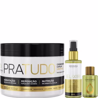 Kit com máscara capilar Pra Tudo, reparador de pontas Argan e óleo capilar Elixir, da marca Borabella.