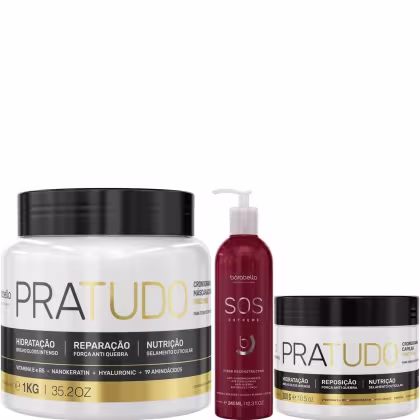 Kit com máscara Pra Tudo, de tamanhos diferentes, e máscara de reconstrução SOS Extreme, da marca Borabella.