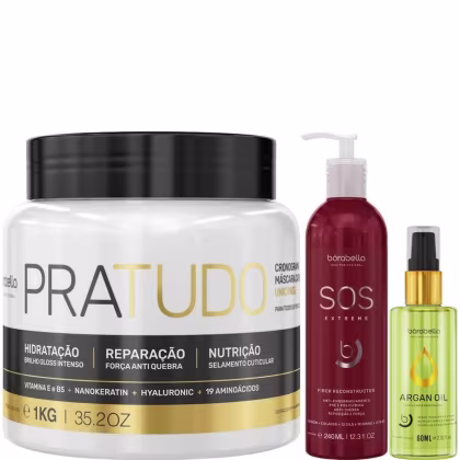 Kit com máscara Pra Tudo, máscara de reconstrução SOS Extreme e reparador de pontas, da marca Borabella.