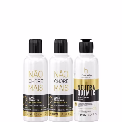 Kit com redutores de volume Não Chore Mais e neutralizante capilar NeutraQuimic, da marca Borabella.