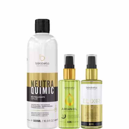 Kit com neutralizante NeutraQuimic, reparador de pontas Argan e óleo capilar Elixir, da marca Borabella